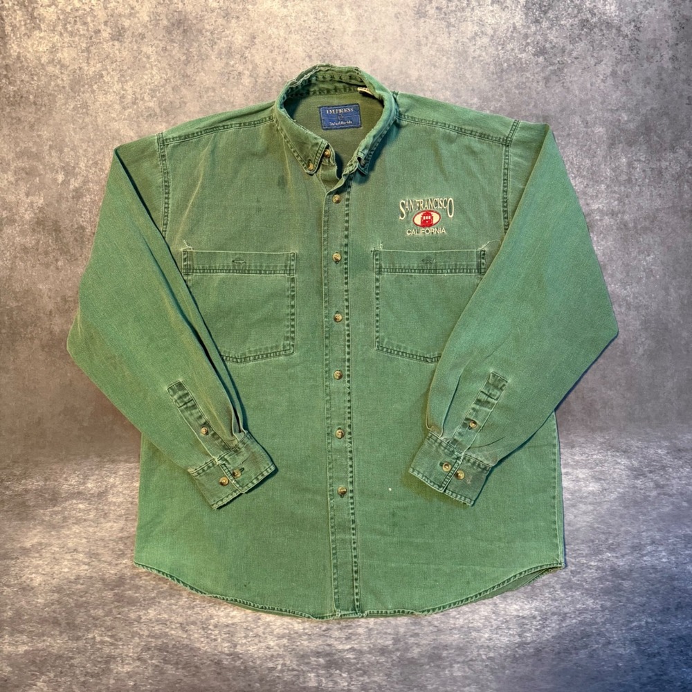 Vintage San Francisco California Men Large Green Cotton Button Up Shirt